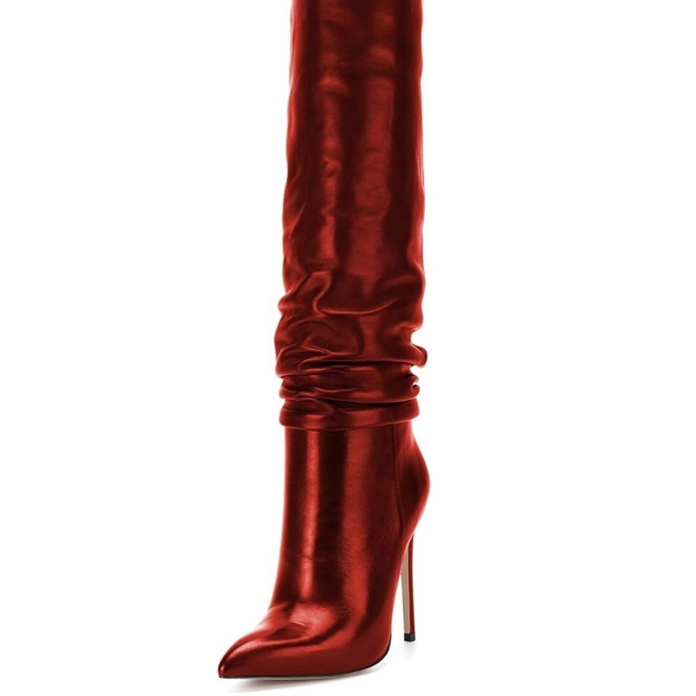 FSJ Women Versatile Stretchy Knee Red High Boots Stiletto Size 10